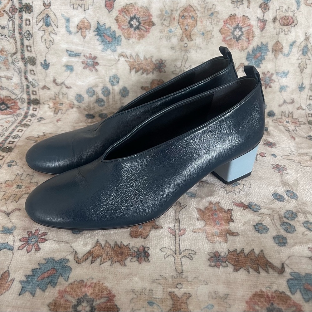 Gray Matters Navy Leather Block Heel Flats with Light Blue Heel Accent